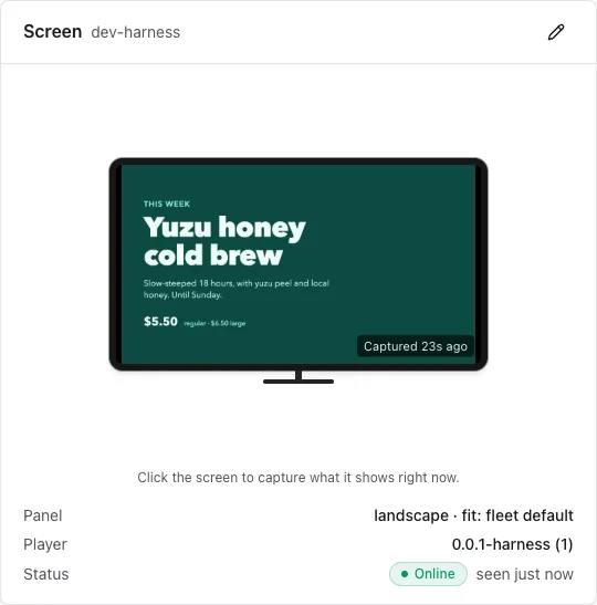 The console's proof-of-display card for a screen: a TV showing this week's drink special, marked Online and captured seconds ago.