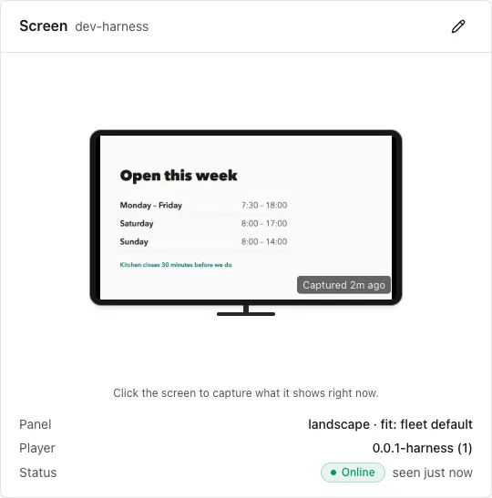 A screen in the pilot showing this week's opening hours, captured by the console moments ago.